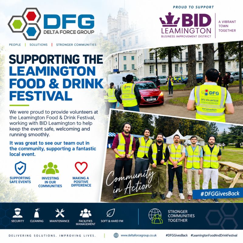 Delta Force Group volunteers in high-visibility vests at the Leamington Food & Drink Festival