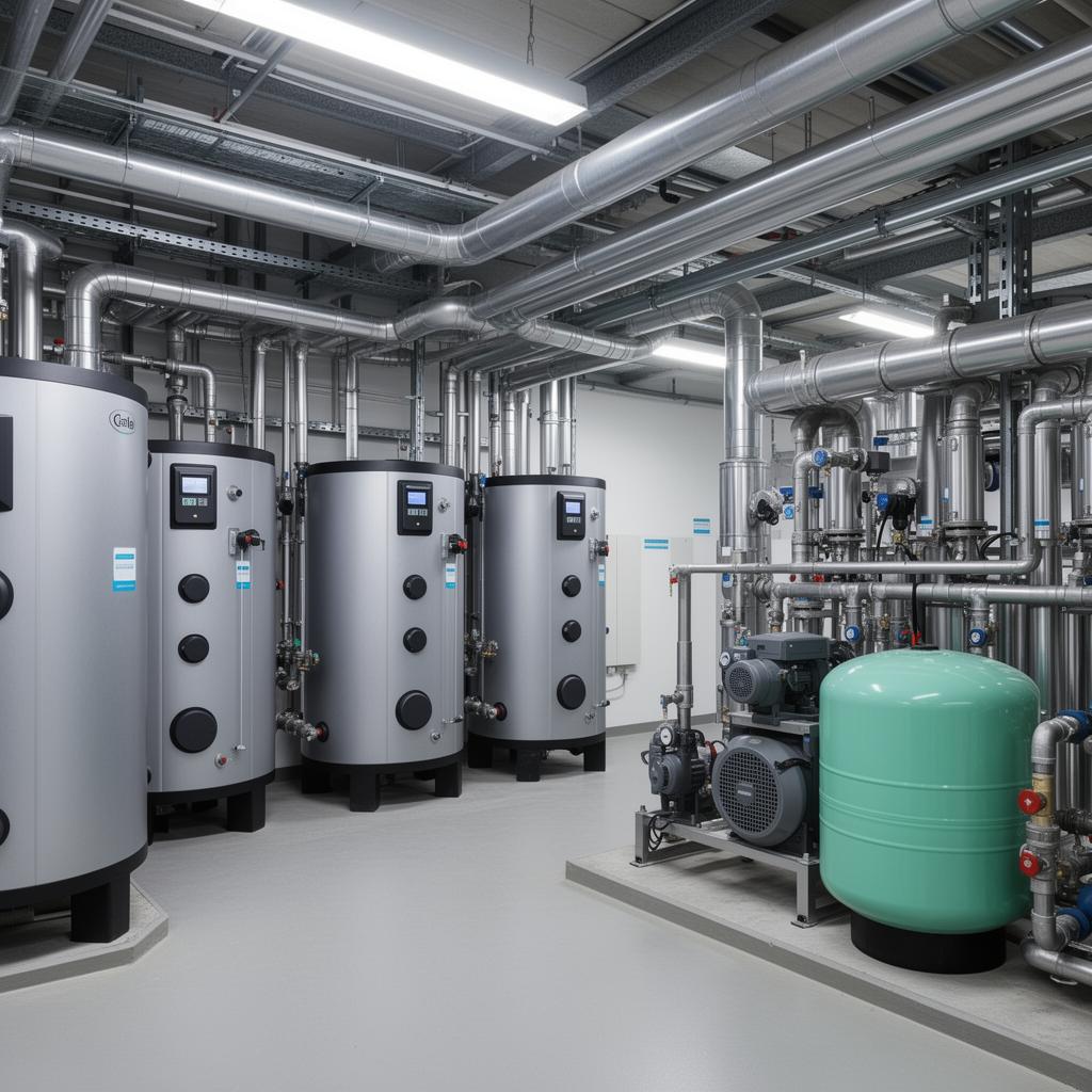 Plant room with calorifiers and water storage tanks