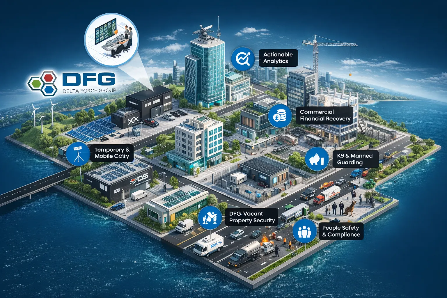 Delta Force Group comprehensive soft services overview showing security, cleaning, reception, and support services