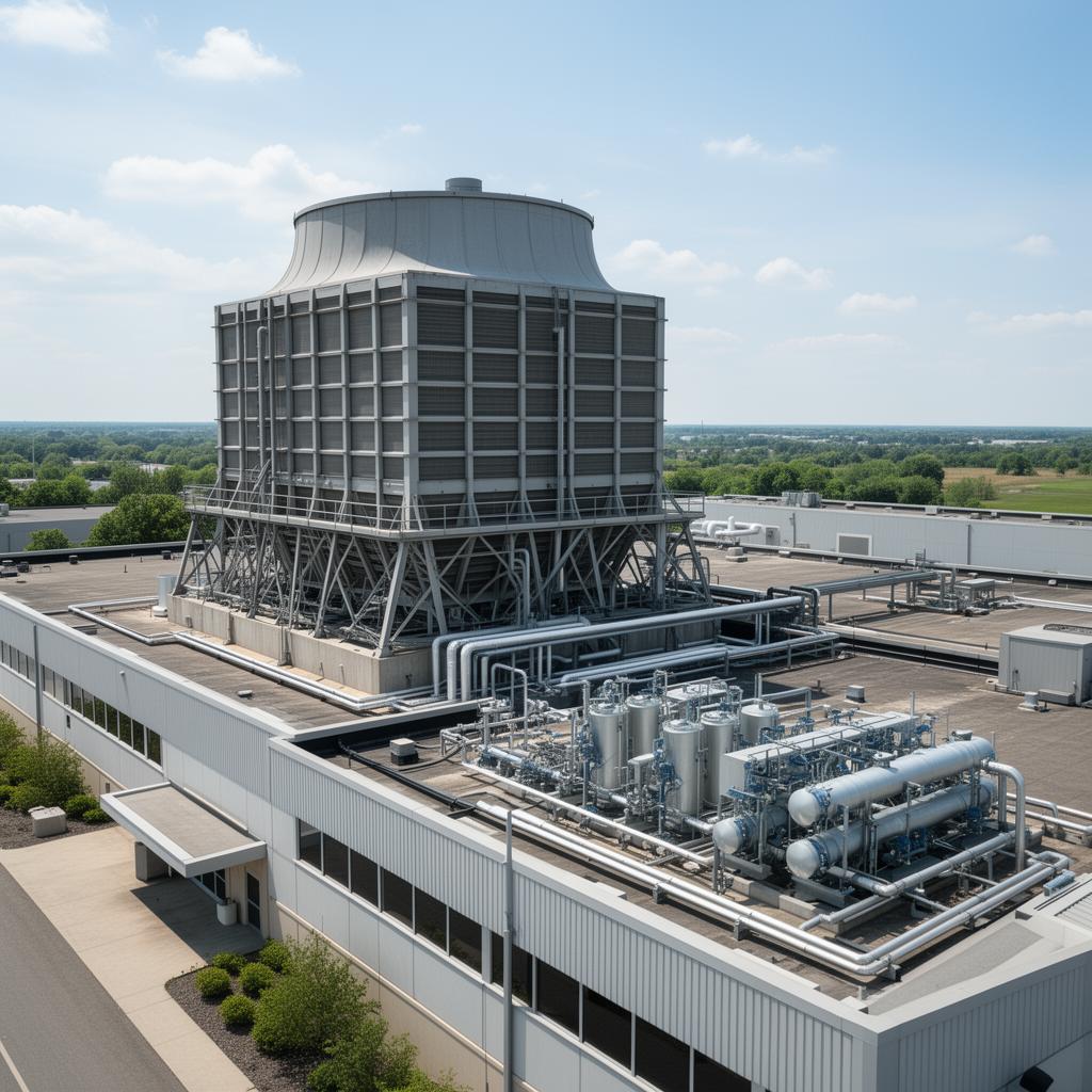 Commercial cooling tower system requiring regular legionella control and monitoring