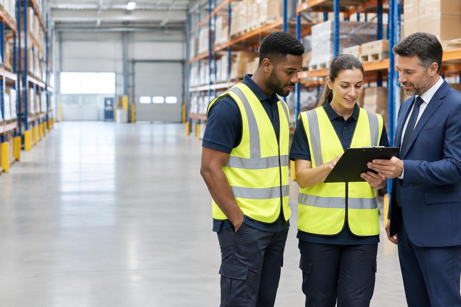 Warehouse operatives and a manager discussing workforce requirements in a UK workplace