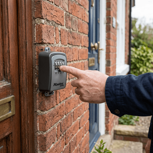 Close-up of a secure metal key safe mounted on a typical classic UK red brick wall outside a property in the UK.