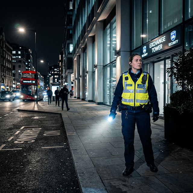 A professional UK security officer in a dark uniform with a high-visibility yellow vest, standing outside a commercial building in the UK at night.